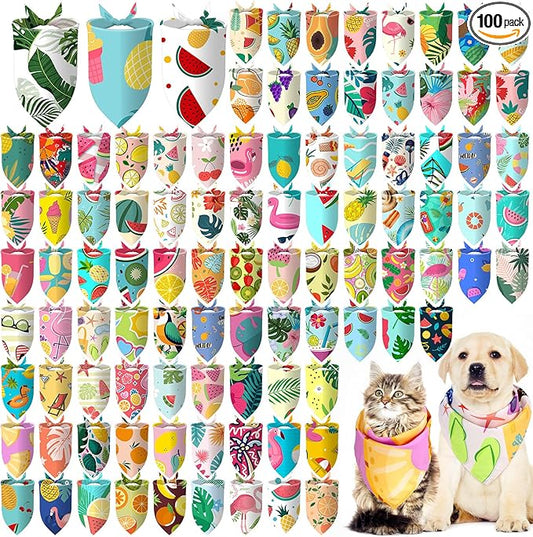 Huhumy 100 Pcs Summer Bandanas for Dogs Colorful Summer Pet Bandanas Bulk Triangle Pet Bibs Scarf for Medium Large Dogs Birthday Holiday Beach Grooming Costume Decor