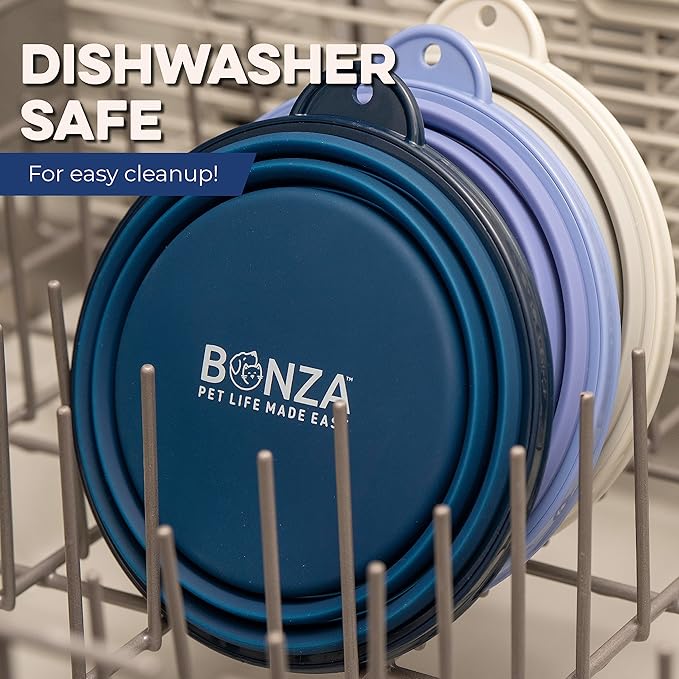 Bonza Collapsible Dog Bowls - Medium 25 oz, Dog Travel Accessories, Silicone Portable Dogs Bowl & Water Dish with Reinforced Rim & Carabiner for Hiking, Camping, and Car Trips, Navy Blue