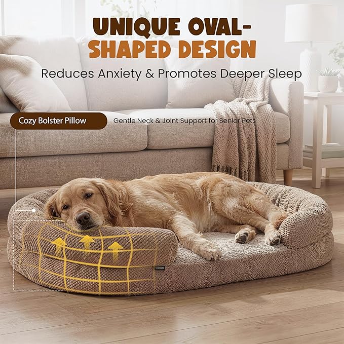 Orthopedic Dog Bed for Large Dogs, 43 Inches Oval Pet Bed with Memory Foam, Removable Washable Cover, Bolstered Sides, Thick Supportive Cozy Puppy Bed for Sleeping, Camel