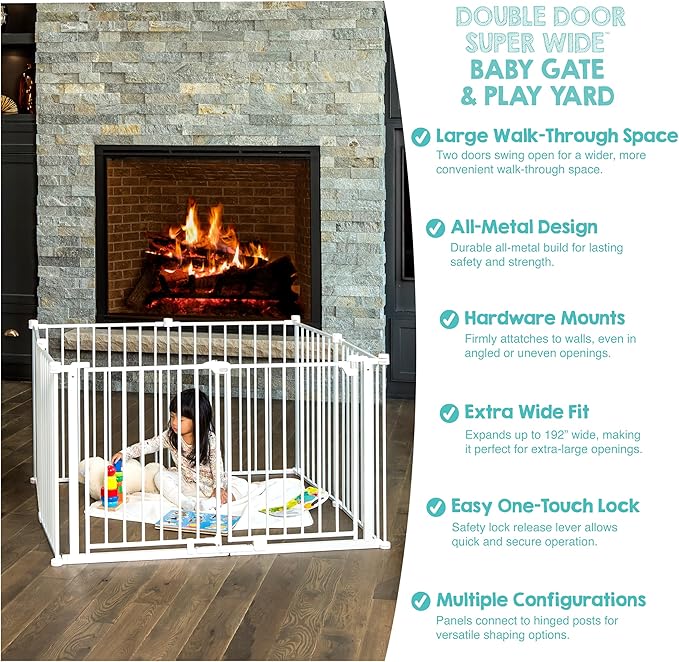 Regalo Safety 192" Double Door Super Wide Baby Gate & Play Yard, 8-Panel Adjustable Safety Gate for Doorways & Large Openings, Hardware Mounted Gate for Babies, Toddlers & Pets
