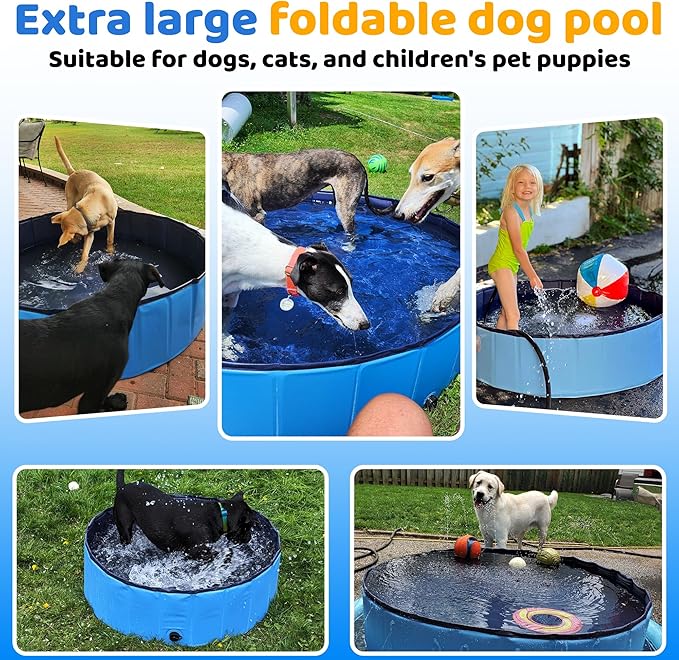 CACSPS 71" x 12" Foldable Dog Pool - Collapsible Hard Plastic Kiddie Pool for Dogs & Kids, Non-Slip Pet Bath Tub for Outdoor Backyard Use, Lightweight & Portable (Blue)