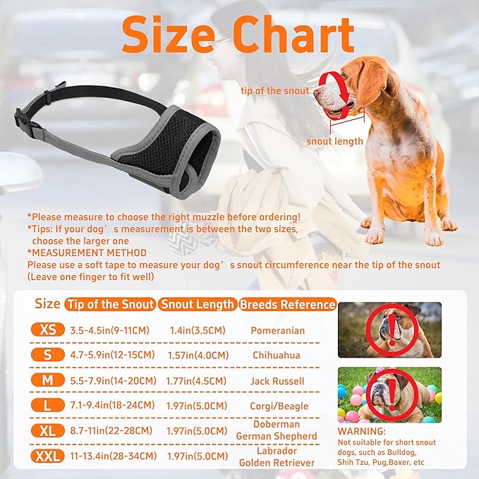 Seyezo Dog Muzzle, Soft Breathable Muzzle for Small Medium Large Dogs, Air Mesh Nylon Muzzle Cover Prevent Biting Barking Chewing, Adjustable Drinkable Pet Muzzle 6 Sizes(Grey,L)