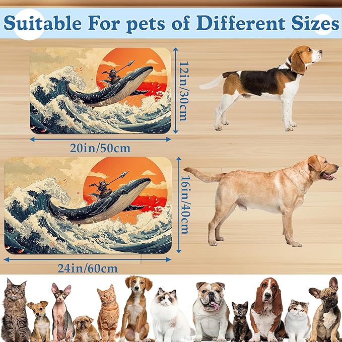 Wave Cat Dog Food Mat,Ukiyo-e Whale Absorbent Quick Dry Feeding Placemat for Food and Water Bowls, Non Slip Rubber Backing, Waterproof Pet Supplies for Mess-Free Eating 12"x20"