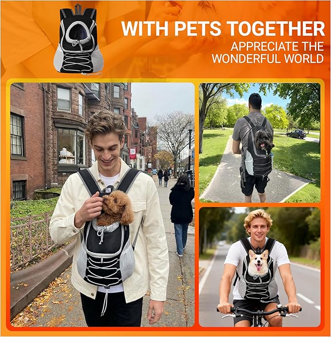 Dog Carrier Backpack for Small Dogs 2-15 lbs, Breathable Front Chest & Back Pet Carrier, Puppy Backpack with Safety Tether for Hiking Walking, Shoulder Bag for Dog, Black Grey (M)