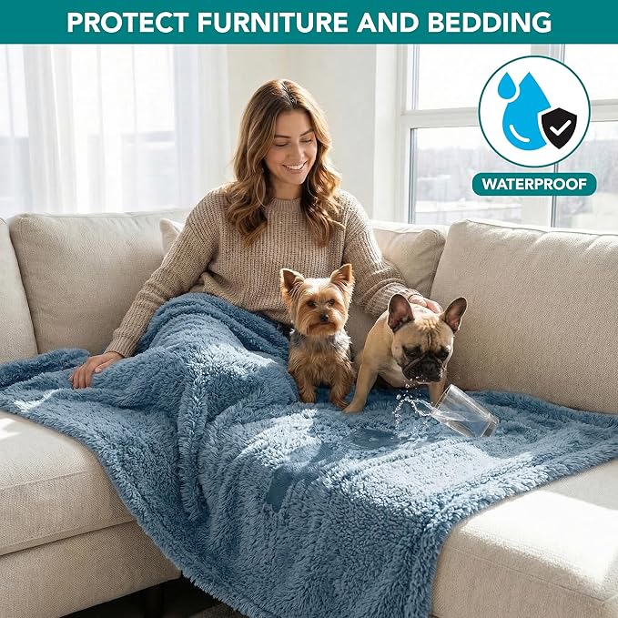 PetAmi Fluffy Waterproof Dog Blanket for Couch and Bed, Reversible Sherpa Pet Throw, Pee Proof Furniture Protector Sofa Cover, Washable Cat Blanket for Small Medium Dogs and Cats (Dusty Blue, 24x32)