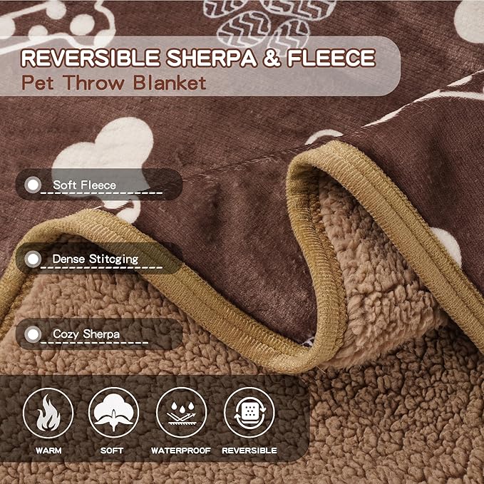 Waterproof Dog Blankets Pet Blanket 50"x60", Soft Fluffy Sofa Car Bed Protector, Reversible Sherpa Fleece Dog Blanket for Large Dogs(Chocolate Brown-Bones)