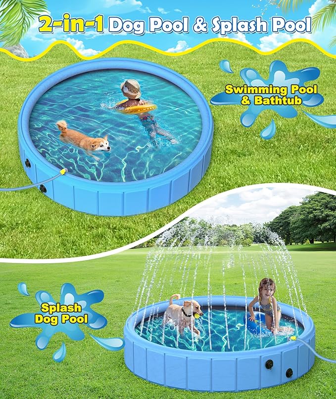 EPN 79” Foldable Dog Pool with Sprinkler, Large Collapsible Pet Pool for Dogs, Heavy Duty PVC & PP Portable Dog Swimming Pool, Non-Slip Outdoor Bathing Tub & Kiddie Pool for Backyard Summer Play
