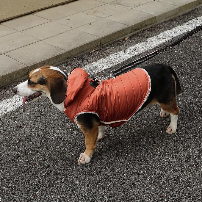 Vecomfy Fleece Lining Dog Hoodie with Harness Built in,Extra Warm Small Dog Jacket in Winter Puppy Coats with Drawstring Hooded,Orange XS