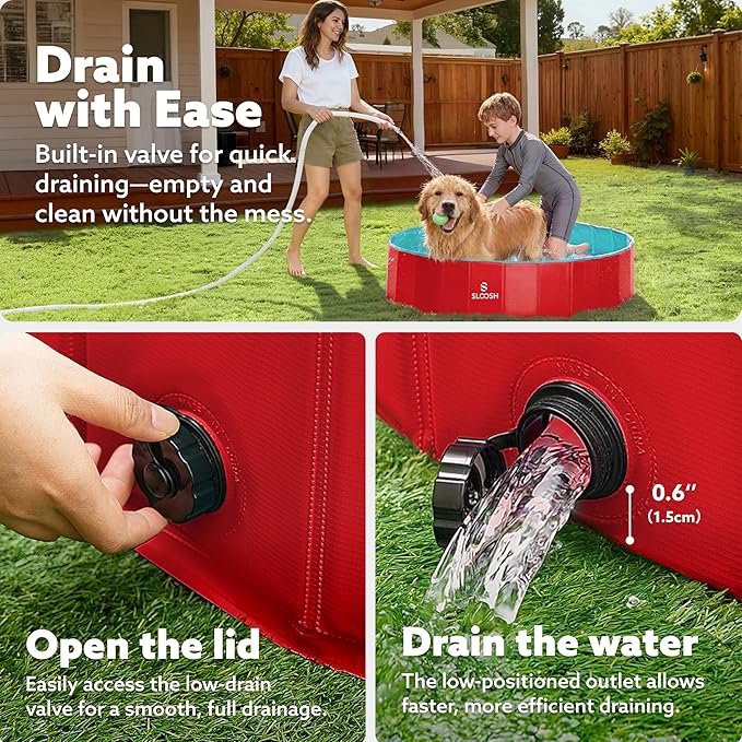 SLOOSH Foldable Dog Kiddie Pool - Portable Hard Plastic Doggie Swimming Pool, Anti-Slip Collapsible Pets Bath Tub Suitable for Kids Indoor Outdoor Backyard Use (Red, 48" x 12")