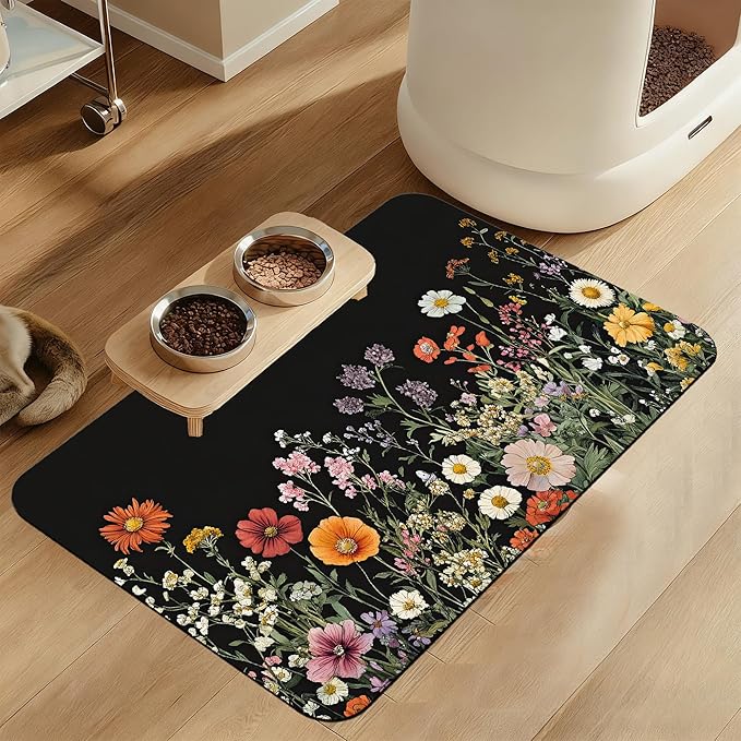 Vintage Wild Herbs Dog Cat Food Mat–Absorbent Waterproof Placemat for Food and Water Bowls, Non Slip Rubber Backing, Feeding Mat for Clean Floors 16"x24"