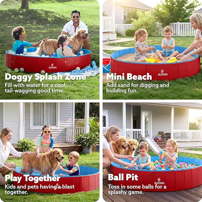 SLOOSH Foldable Dog Kiddie Pool - Portable Hard Plastic Doggie Swimming Pool, Anti-Slip Collapsible Pets Bath Tub Suitable for Kids Toddler Indoor Outdoor Backyard Use (Red, 63" x 12")