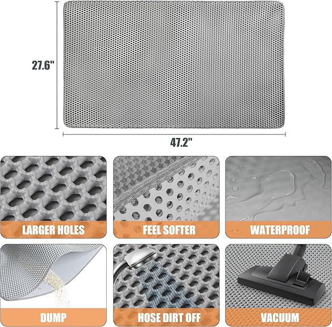 Cat Litter Box Mat, Extra Large (47" x 27"), Waterproof Cat Litter Trapping Mat, Double-Layer Scatter Control Pad Rug, Non-Slip, Easy Clean, Durable, Gray