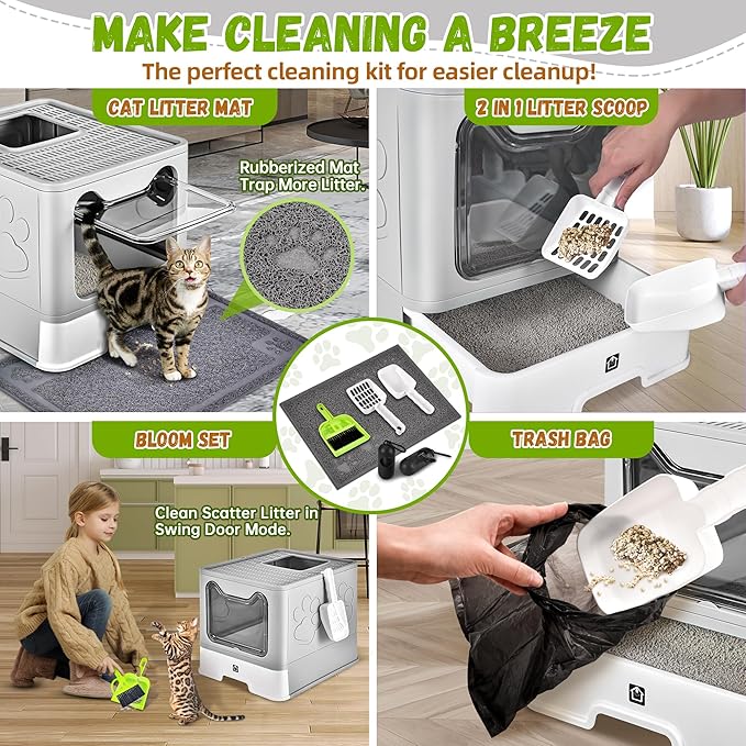 Covered Cat Litter Box with Litter Mat, Foldable Extra Large Dual Entry Adjustable Door, Drawer Design Enclosed Kitty Litter Box, Odor Control Anti-Splashing Easy Cleaning (Pale Grey)