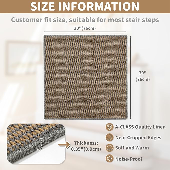 Brakki Bullnose Carpet Stair Treads, Non Slip Landing Mat for Wooden Steps Indoor, Soft Stair Rugs for Pets, Indoor Doormat for Kitchen Bathroom, Washable, 30"x30" 1pc, Grey and Beige