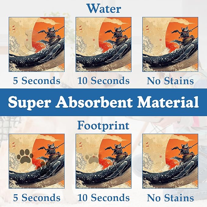 Wave Cat Dog Food Mat,Ukiyo-e Whale Absorbent Quick Dry Feeding Placemat for Food and Water Bowls, Non Slip Rubber Backing, Waterproof Pet Supplies for Mess-Free Eating 12"x20"