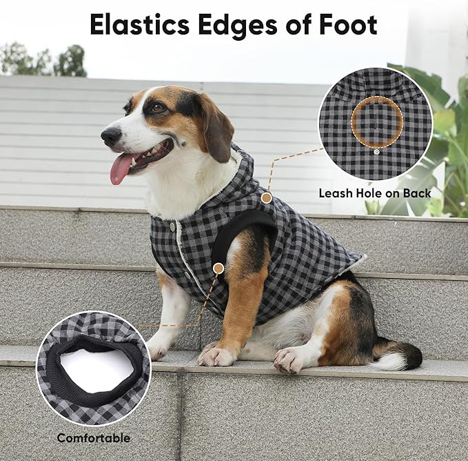 Vecomfy Fleece Lining Dog Hoodie for Medium Dogs Extra Warm Plaid Sweater with Drawstring Hooded Coats in Winter Doggie Jacket,Black XL