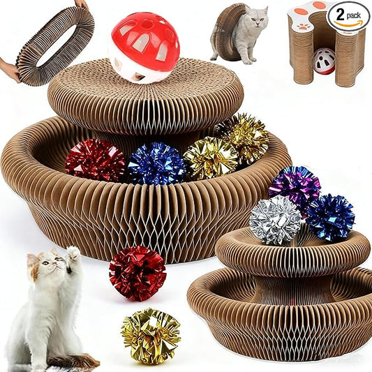 2PCS Magic Organ Cat Scratch Board Sets with 10 Extra Balls，Interactive Cardboard Puzzle Ball Track Toy for Indoor Cats | Collapsible Ball Track with Bell, Eco-Friendly Ring for Play, Chase & Scratch