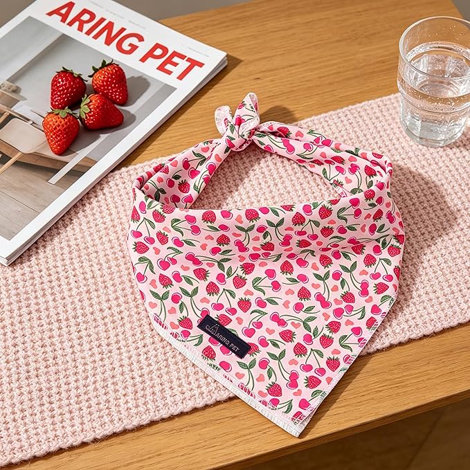 ARING PET Girl Dog Bandanas, Cute Summer Strawbery Cherry Pet Bandana Scarf Triangle Bib for Small Medium Large Female Dogs Cats, Puppy Kerchief for Daily Wear Walks Party Photos-L