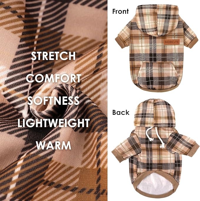 Dog Basic Hoodie Soft Dog Clothes Cold Weather Sweaters for Medium Large Dogs Cozy Fabric Warm Sweatshirt with Leash Hole for Boys (Khaki Plaid, Small (5-10 lbs))