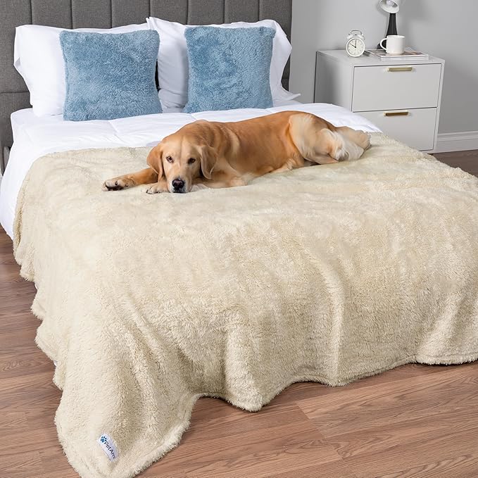 PetAmi Fluffy Waterproof Dog Blanket for Couch and Bed, Reversible Sherpa Pet Throw, Pee Proof Furniture Protector Sofa Cover, Washable Cat Blanket for Medium Large Dogs and Cats (Beige Cream, 90x90)