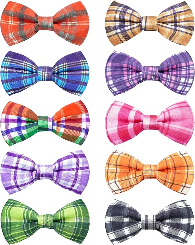 PET SHOW 10 Pack Plaid Small Dog Bow Ties Sliding Collar Attachments Puppy Cats Classic Bowties for Medium Dogs Rainbow Bowknots Christmas Party Holiday Pet Grooming Accessories(Small)