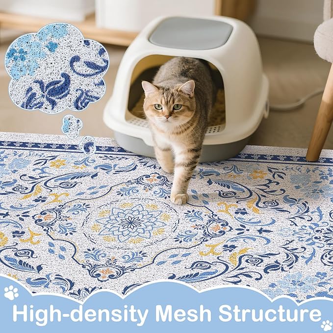 Cat Litter Mat Trapping Rug 33"x22", Large Litter Box Mat for Floor, Non-Slip Waterproof Backing, Soft Mesh Easy to Clean Pet Mat for Cat, Blue Yellow