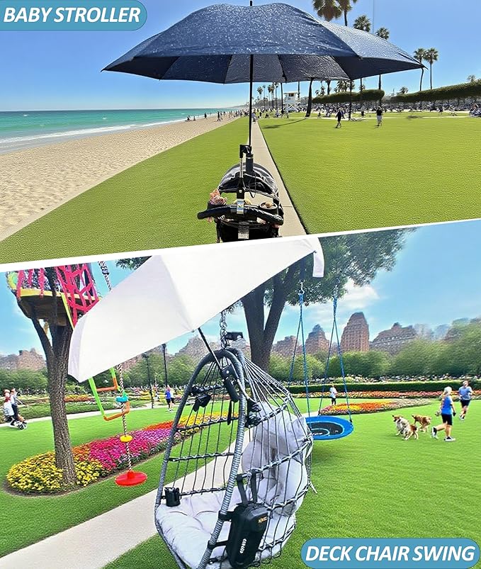 Universal 360° Adjustable Stroller Umbrella Attachment, Umbrella Holder for Chairs, Bikes & Wheelchairs - Clamp Fits 0.6-1.2in Handles, Beach Camping Gear
