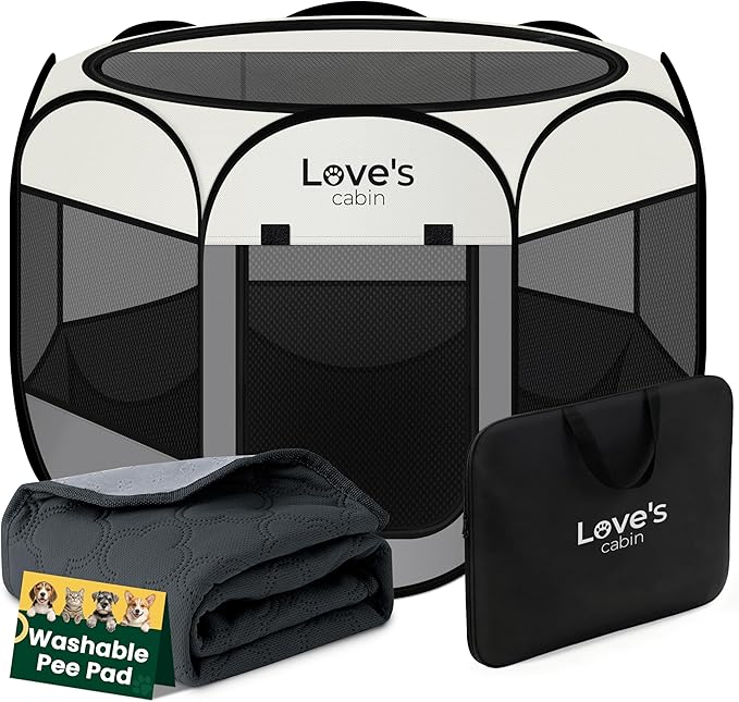 Love's cabin Dog Playpen with Washable Pee Pad, Puppy Pet Cat Playpen Small Dogs Tent Crate Indoor/Outdoor, Portable Pop Up Kennel with Carrying Case for Cats/Rabbits(Grey,Small with pad)