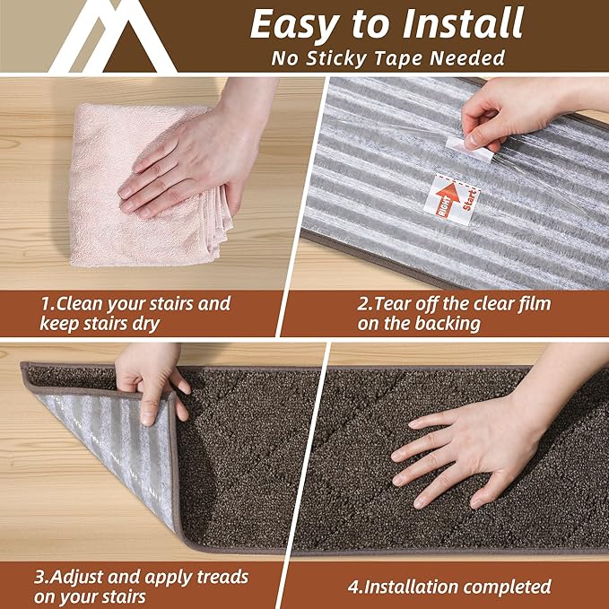 COSY HOMEER Stair Treads for Wooden Steps 11"x30" Washable Indoor Carpet Stair Treads Non Slip Soft Polyester Stair Carpet Tread Reusable Stair Runner Rugs for Kids, Elders,Pets,Brown,15pcs