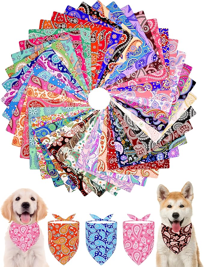 PET SHOW 50 Pack Small Paisley Dog Bandanas Bulk Dog Scarves Puppy Floral Bibs Kerchief Set for Medium Dogs Girl Boy Pet Holiday Party Grooming Accessories