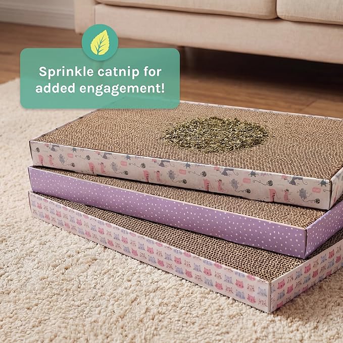 Kitty City 3-Pack XL Double Sided Corrugate Cat Scratcher Pads - X-Large Horizontal Cat Scratcher Mats, Reversible Corrugate Nail File Scratchers - Pink Cats Design, 18” x 10” Each