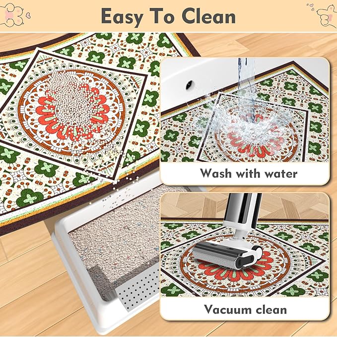 Bohemian Kitty Litter Mat 24"x17",Non-Slip Litter Box Mat, Washable Cat Litter Rug Catcher,Double-Layer Litter Trapping Mat for Scatter Control, Easy Clean Cat Food Mat & Floor Protector