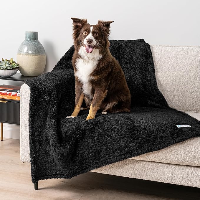 PetAmi Fluffy Waterproof Dog Blanket for Couch and Bed, Reversible Sherpa Pet Throw, Pee Proof Furniture Protector Sofa Cover, Washable Cat Blanket for Medium Large Dogs and Cats (Black, 40x60)