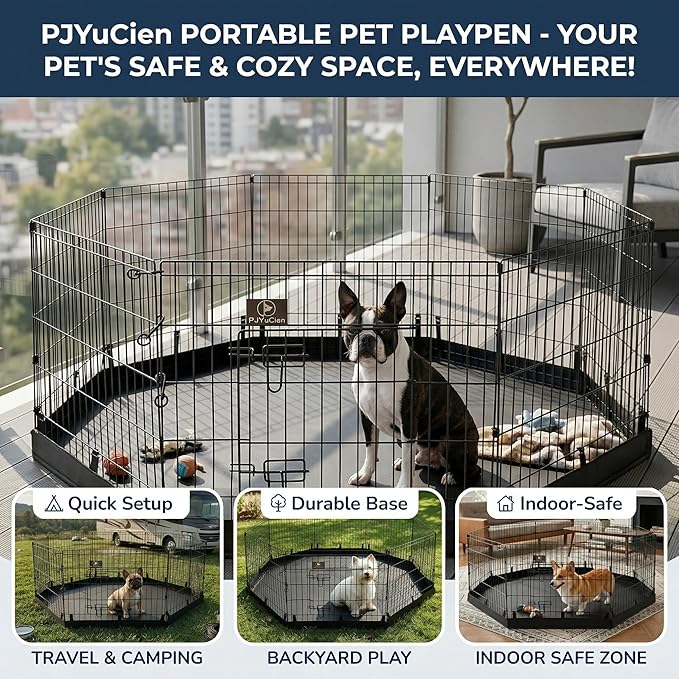 PJYuCien Octagonal Dog Playpen with Bottom Pad - Metal Foldable Exercise Pen, 8 Panels 30" H x 24" W Indoor Outdoor Pet Fence Puppy Crate Kennel, Black