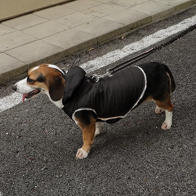 Vecomfy Fleece Lining Dog Hoodie with Harness Built in,Extra Warm Medium Dog Jacket in Winter Doggie Coats with Drawstring Hooded,Black L