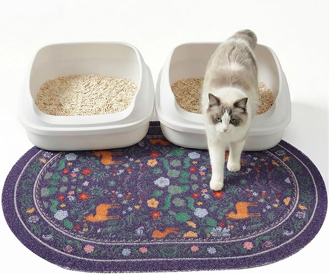Bienbee Cat Litter Mat, 33" x 22" Large Size Litter Box Mat Rug with Non-Slip Bottom,Urine and Water Proof, Easy to Clean Cat Supplies Essentials for Indoor Kitty Kitten Floor, Dark Blue Flowers L