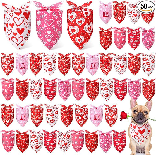 Weewooday 50 Pcs Valentines Dog Bandanas Bulk for Dogs Soft Bibs Adjustable Triangle Pet Bandana for Small Medium Large Costume(Heart Pattern, 25.6 x 17.7 x 17.7 Inch)