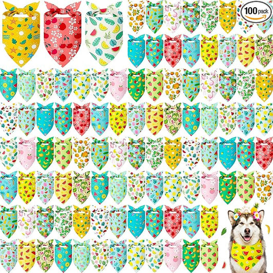 Abbylike 100 Pieces Summer Themed Dog Bandanas Bulk Hawaiian Dog Bandanas for Pets Triangle Kerchief Scarf Bibs Set for Summer Pets Dogs Party Costume Accessories, 25 Styles (31.5 x 21.7 x 21.7)