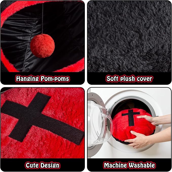 Gothic Cat Bed, Coffin Cat Tunnel House with Washable Cushion, Fits Indoor Cats up to 25 lbs, Cute Peekaboo Cave Pet Bed for Kittens, Rabbits, Halloween Goth Design, Black Red