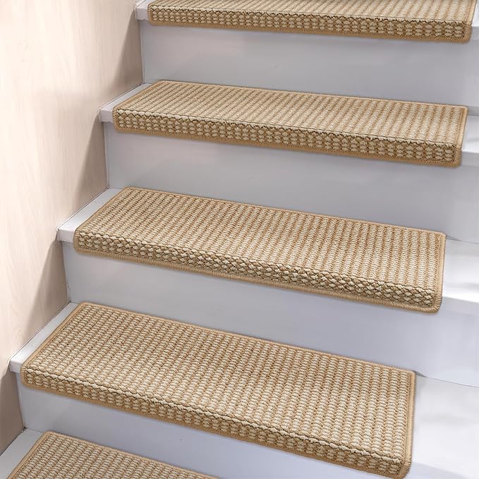 Brakki Bullnose Carpet Stair Treads, Stair Treads for Wooden Steps Indoor Runner and Pets, Non Slip Soft Edging Staircase Protectors, Washable, 29.5"x9.5"x1.5" 14pcs, Beige and Cream