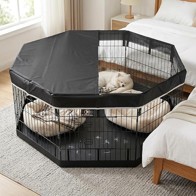 PJYuCien Octagonal Dog Playpen with Top Cover and Bottom Pad - Metal Foldable Exercise Pen, 8 Panels 24" H x 24" W Indoor Outdoor Pet Fence Puppy Crate Kennel, Black