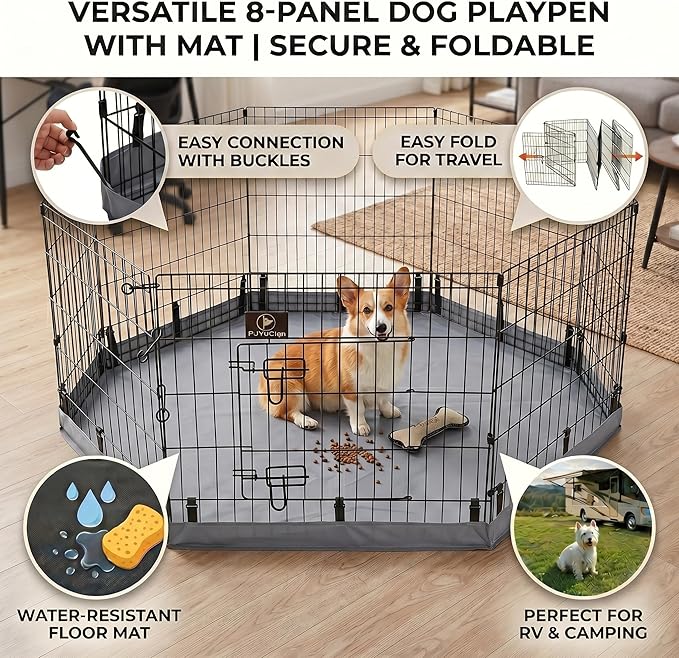PJYuCien Octagonal Dog Playpen with Bottom Pad - Metal Foldable Exercise Pen, 8 Panels 30" H x 24" W Indoor Outdoor Pet Fence Puppy Crate Kennel, Gray