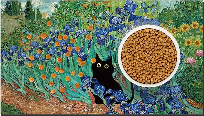 Black Cat Pet Feeding Mat, Absorbent Dog/Cat Food Mat for Food and Water Bowl, Non-Slip Quick Dry Pet Placemat Floor Protector for Messy Drinkers(17 x 30 in)