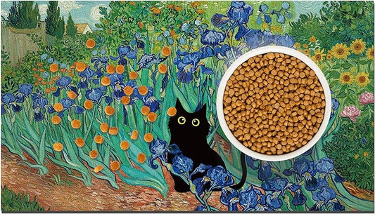 Black Cat Pet Feeding Mat, Absorbent Dog/Cat Food Mat for Food and Water Bowl, Non-Slip Quick Dry Pet Placemat Floor Protector for Messy Drinkers(17 x 30 in)