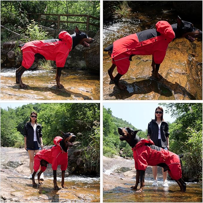 LOVELONGLONG Fleece-Lined Dog Raincoat with Removable Hood – Waterproof Winter Full Body Dog Jacket – Windproof Snowproof Cold-Weather Suit – Red-F S