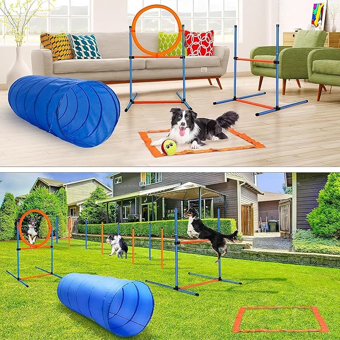 Dog Agility Training Equipment, Dog Obstacle Course Training Starter Kit Pet Outdoor Game with Tunnel, Agility Hurdle, Weave Poles, Jump Ring, Pause Box