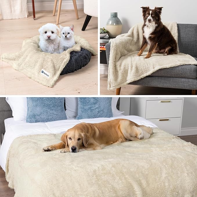 PetAmi Fluffy Waterproof Dog Blanket for Couch and Bed, Reversible Sherpa Pet Throw, Pee Proof Furniture Protector Sofa Cover, Washable Cat Blanket for Medium Large Dogs and Cats (Beige Cream, 40x60)