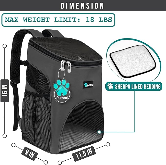 PetAmi Cat Backpack Carrier, Airline Approved Pet Carrier Backpack for Small Dogs and Large Cats, Soft Sided Collapsible Ventilated with Sherpa Bed for Hiking Travel, Max 18 lbs, Gray