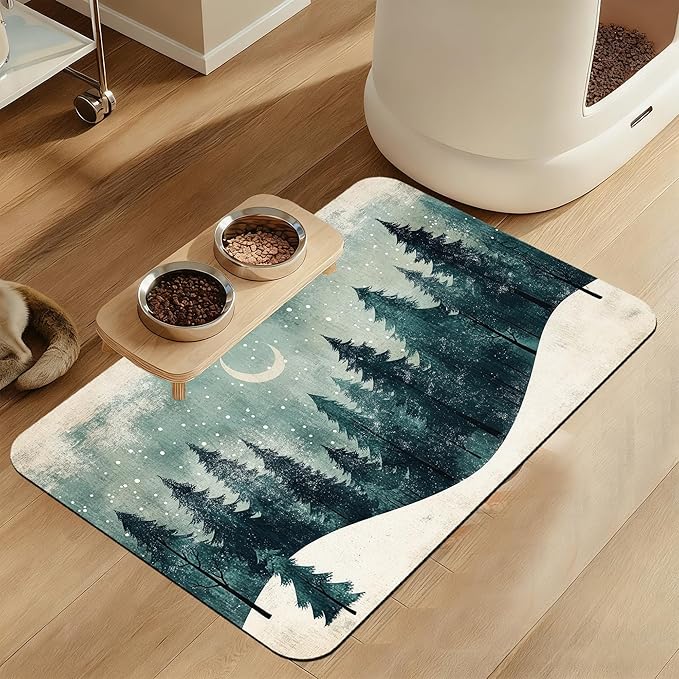 Mysty Winter Fores Pet Feeding Mat–Quick Dry Absorbent Dog Cat Food Mat, Non Slip Waterproof Bowl Placemat for Messy Eaters, Pet Accessories for Floors 16"x24"
