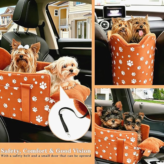 Center Console Dog Car Seat for Medium Dogs - Portable Dogs Armrest Booster Seat, Anti-Collapse Pet Car Seat with Soft Cushion Safety Belt, Support Pet Up to 21lbs (Orange)